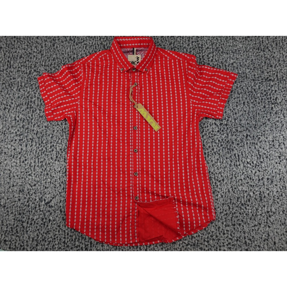 Raw Edge Button Down Shirt Mens Medium Red New Short Sleeve Slim‎ Fit Geometric